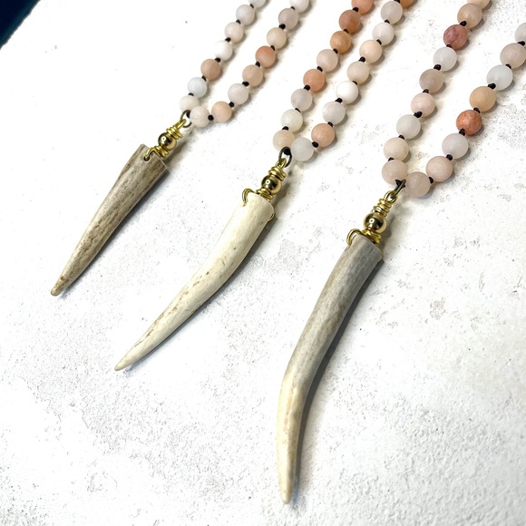Deer Antler Gemstone Necklace. Pink Moonstone - Picture 2 of 5